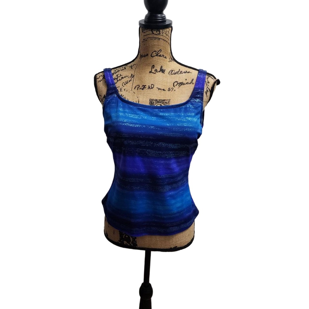 Longitude Top Womens Size 12 Blue Gradient Sleeveless Square Neck Coastal Retro‎